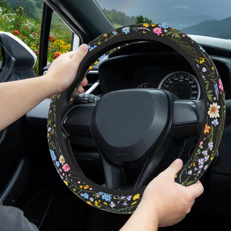 Pcnjozx Car Steering Wheel Cover for Women Men  Non-Slip Breathable Steering Wheel  Wildflower Steering Wheel Protector  Car Accessories  Universal 14"" 02/2-15"" Fit Auto  Suvs - Image 2
